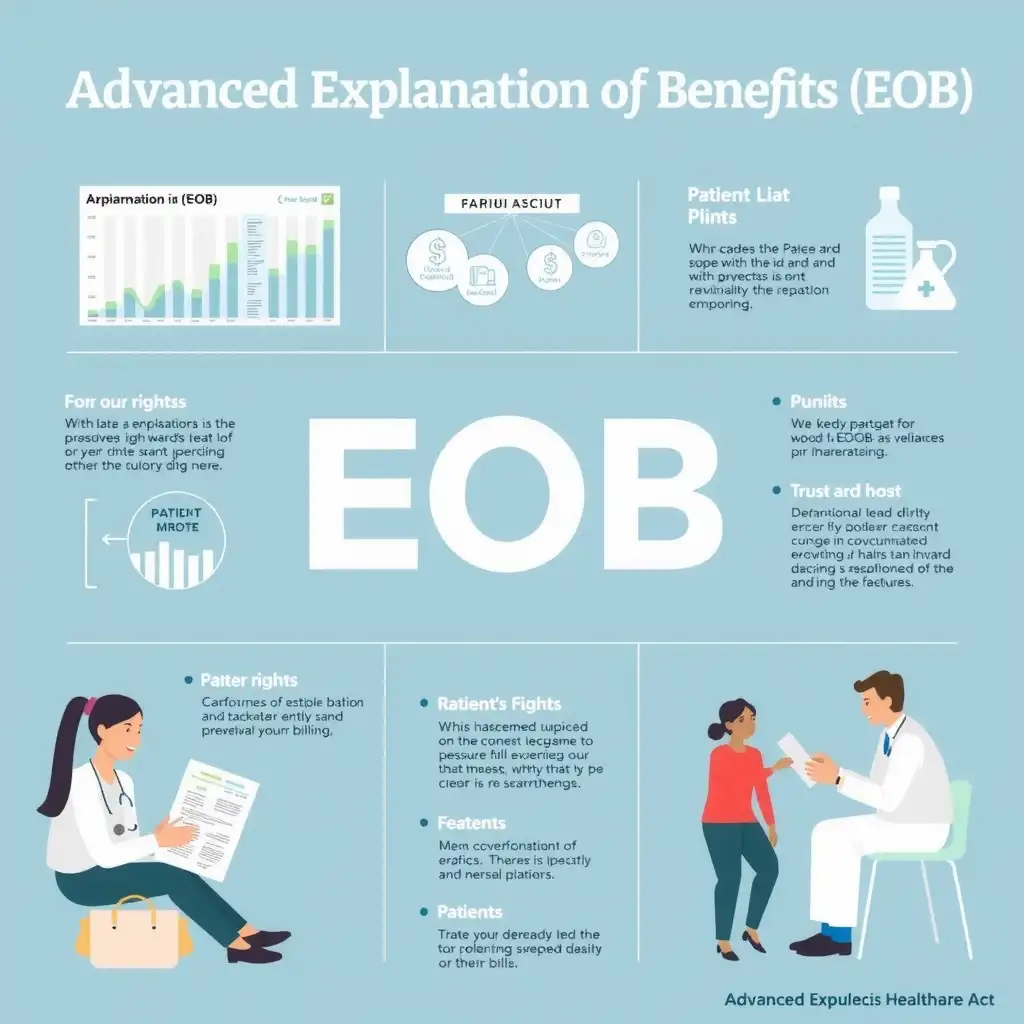 An informative graphic illustrating the concept of Advanced Explanation of Benefits (EOB) under the No Surprises Act, featuring simplified charts, healthcare service icons, and visuals of patients engaging with their EOBs in a calm color palette of blues and greens.