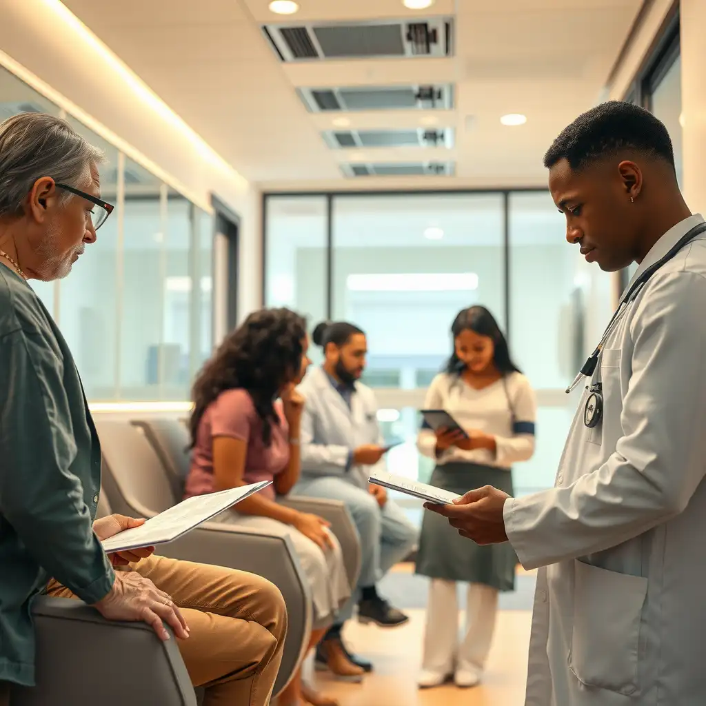 A modern healthcare clinic scene showcasing diverse patients engaging positively with healthcare professionals, reviewing clear medical bills, and utilizing digital tools for informed decision-making in a warm and inviting environment.