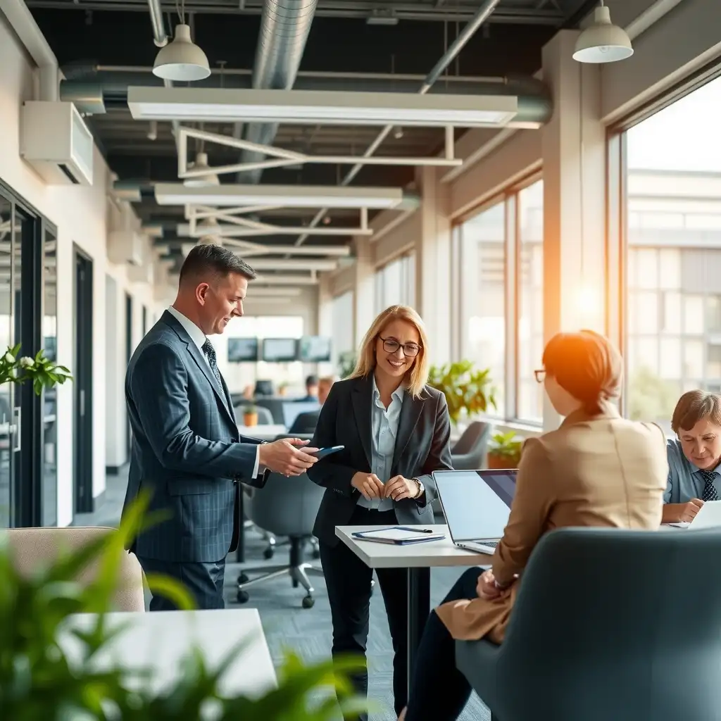 A modern office setting with financial professionals collaborating over digital devices, emphasizing healthcare factoring services and a professional atmosphere.