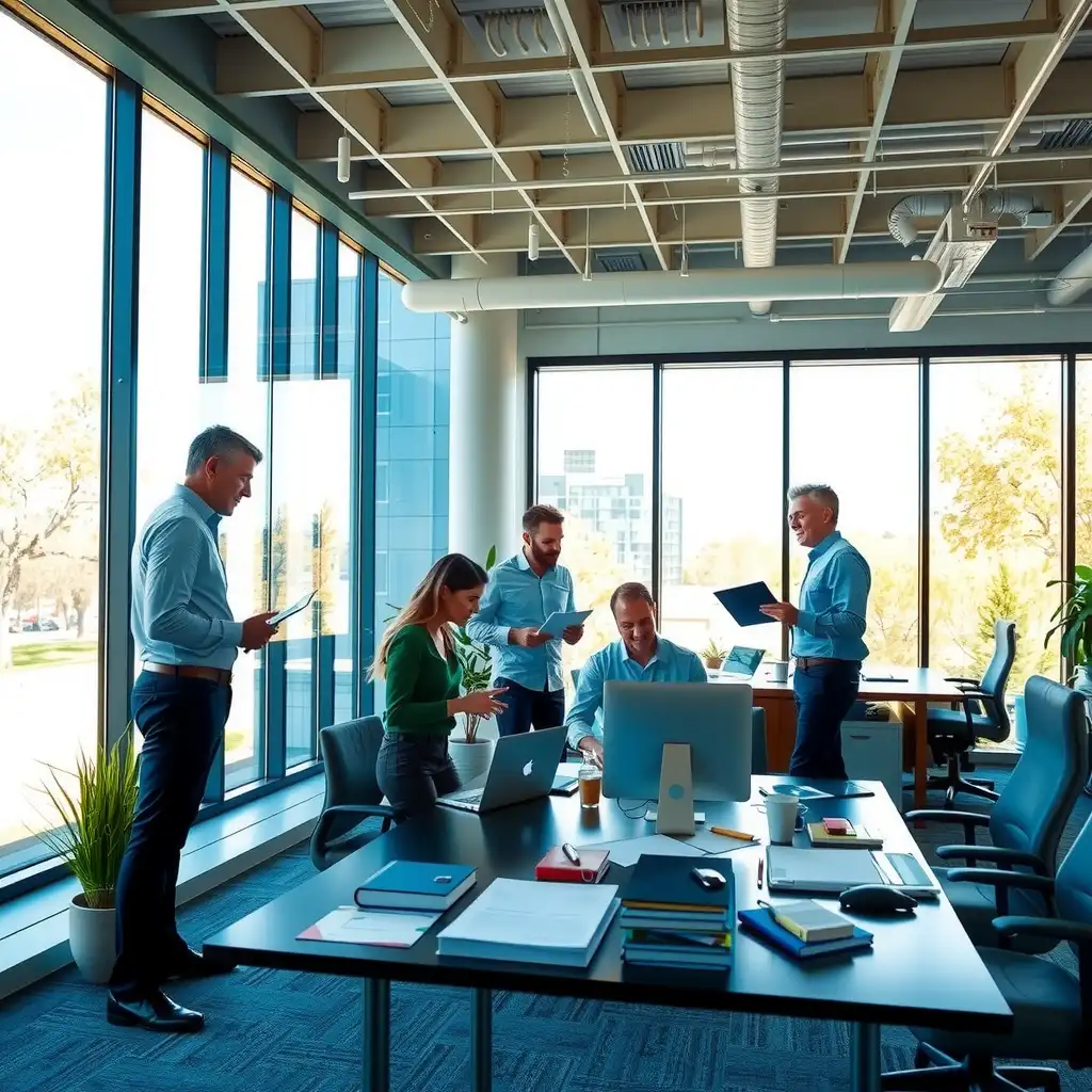 A vibrant office scene featuring healthcare professionals collaborating over financial documents and modern technology, embodying innovation and efficiency in healthcare financing.