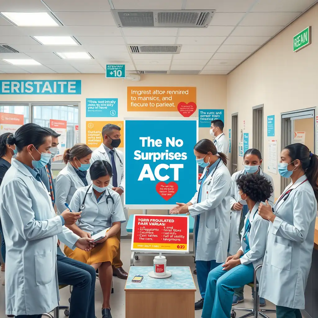 A vibrant healthcare scene featuring diverse medical professionals collaborating with patients, showcasing transparency and community support, with informative signage about the No Surprises Act.