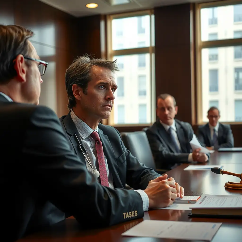 A tense courtroom deposition scene featuring a focused physician responding to questions, with attentive attorneys present in a well-appointed conference room. Natural light illuminates the space, emphasizing the professionalism and gravity of the legal proceedings.