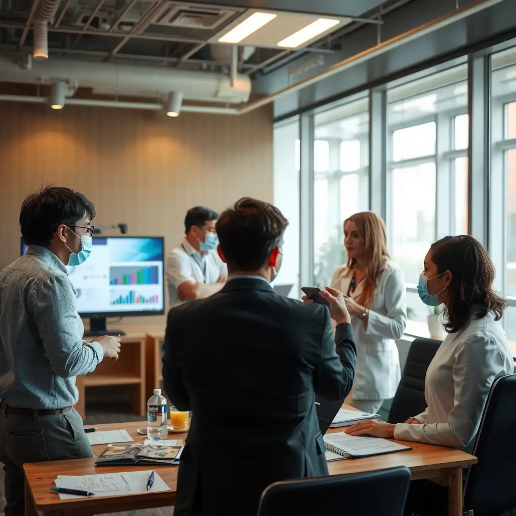 A modern office scene featuring healthcare professionals engaged in a collaborative discussion about the dispute process under the No Surprises Act, with legal documents and digital screens visible, conveying professionalism and clarity.