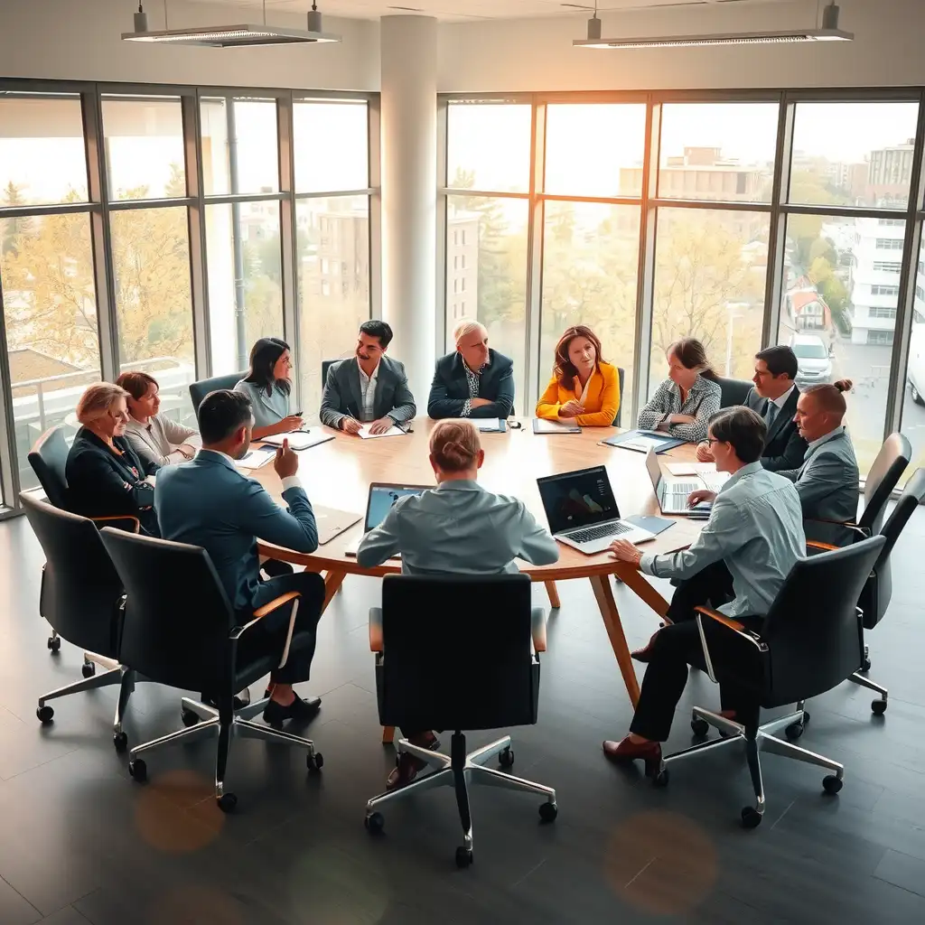 A modern conference room with a round table, featuring diverse individuals engaged in collaborative discussion, surrounded by legal documents and laptops, conveying a sense of professionalism and hope in dispute resolution.