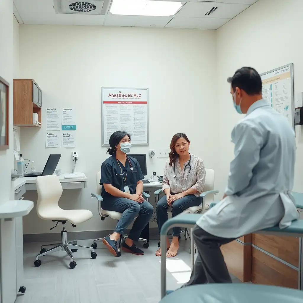 A modern patient consultation room featuring a compassionate healthcare provider discussing anesthesia coverage with a patient, surrounded by soothing colors and educational materials on the walls.