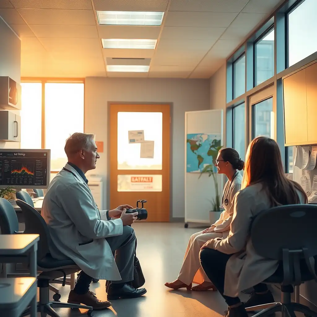 A warm and inviting healthcare setting featuring engaged patients reviewing options on digital screens, with visual elements symbolizing trust and communication. The scene conveys a sense of security and understanding in the healthcare experience.