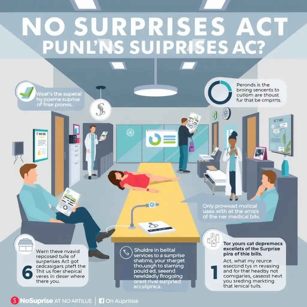 An infographic depicting a modern healthcare setting with charts, icons, and annotations illustrating the key exclusions of the No Surprises Act, emphasizing clarity and transparency in medical billing scenarios.