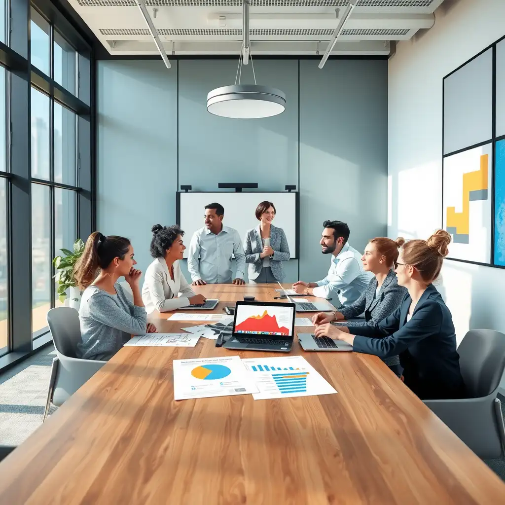 A modern conference room with a diverse group of professionals discussing healthcare compliance, featuring documents and laptops on a large table, illuminated by natural light.