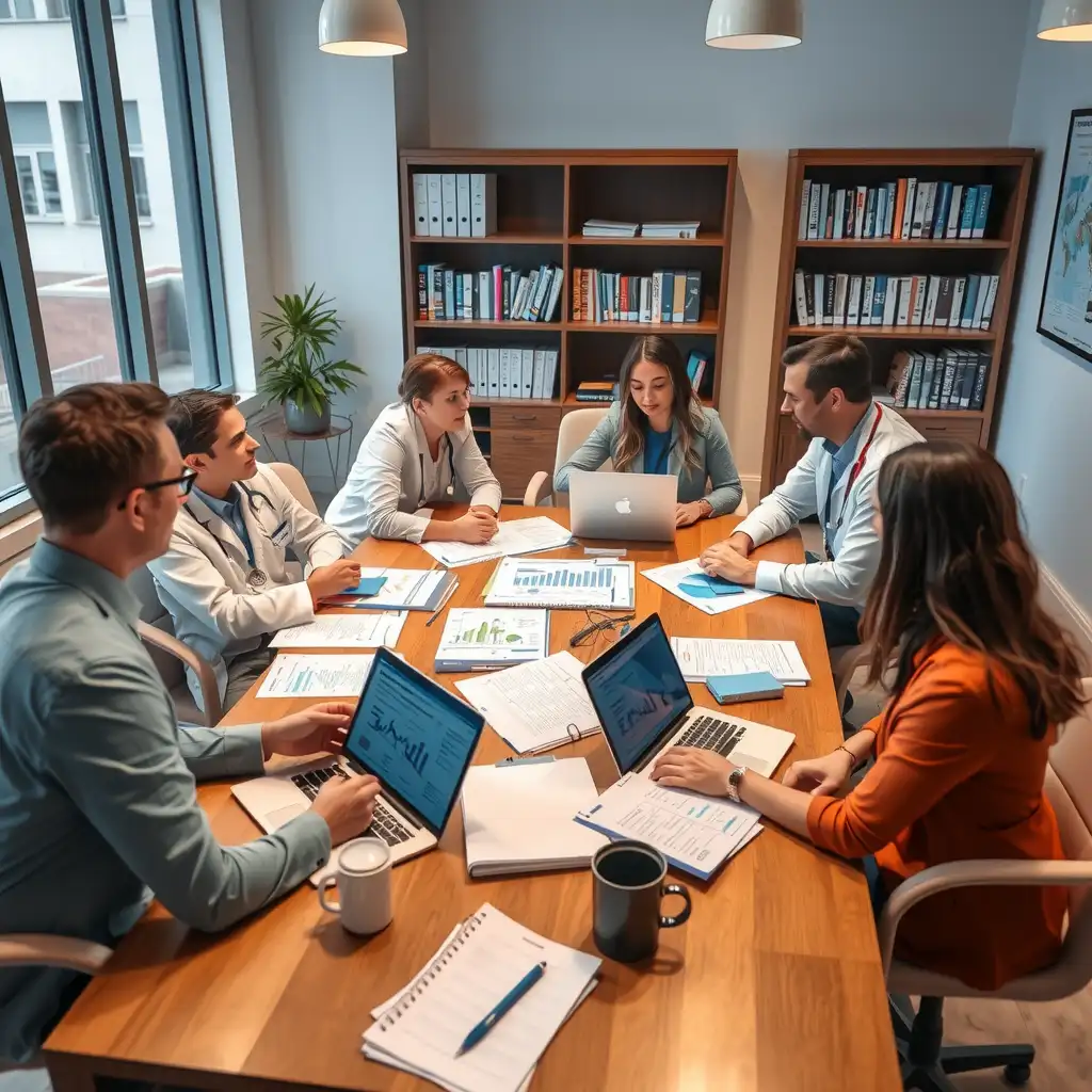 A diverse group of healthcare professionals and patients engaged in a collaborative discussion in a modern law office, surrounded by documents and laptops, reflecting a sense of determination and hope regarding healthcare legislation.