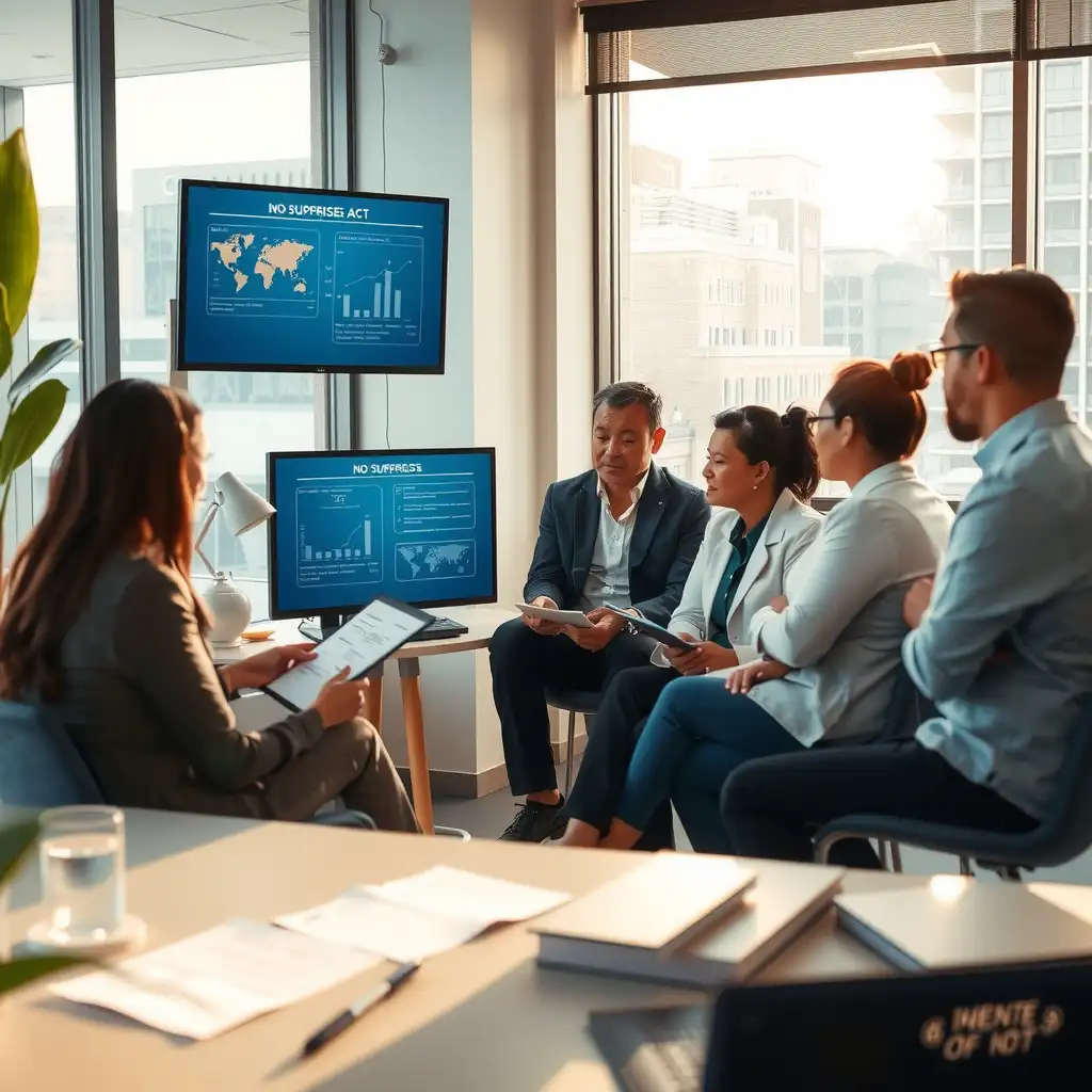 A modern office scene featuring diverse professionals engaged in a collaborative discussion about the No Surprises Act, with legal documents, digital screens displaying key information, and charts illustrating the act's benefits. The setting conveys professionalism and empowerment in understanding healthcare rights.