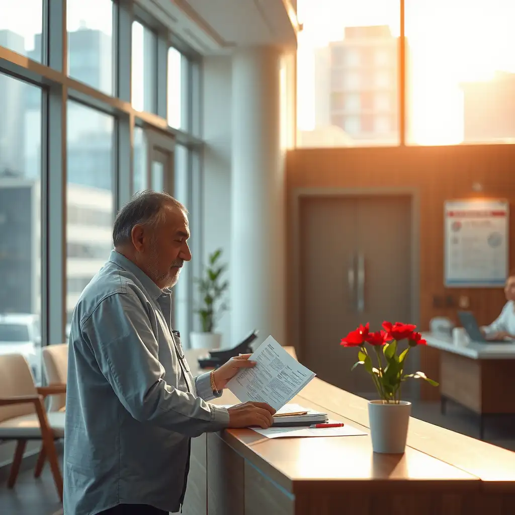 A patient reviews hospital bills at a reception desk, surrounded by multilingual signage and cultural elements, conveying support and empowerment in navigating healthcare costs abroad.