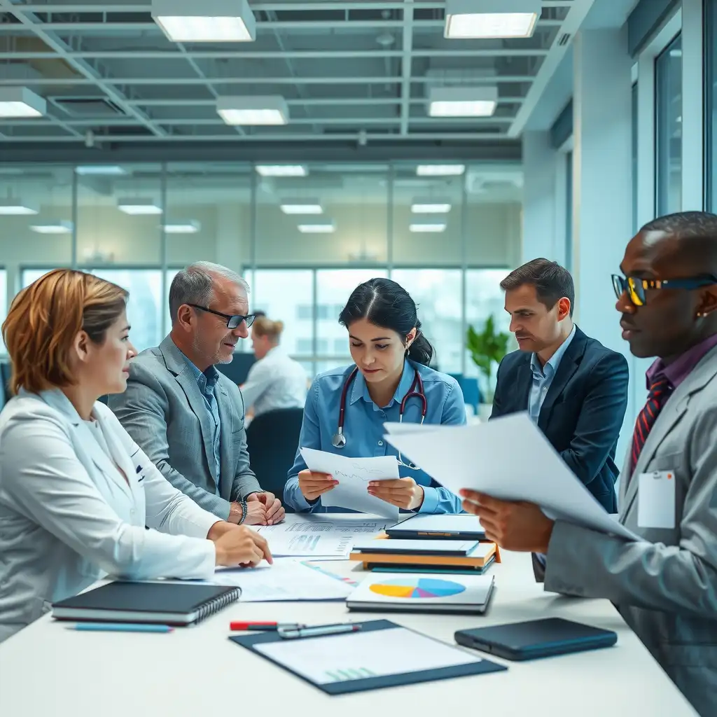 A modern office environment with team members collaborating over financial documents and digital screens, showcasing elements of healthcare accounts receivable factoring. The scene features medical billing statements, calculators, and charts, all reflecting professionalism and innovation in the finance and healthcare sectors.