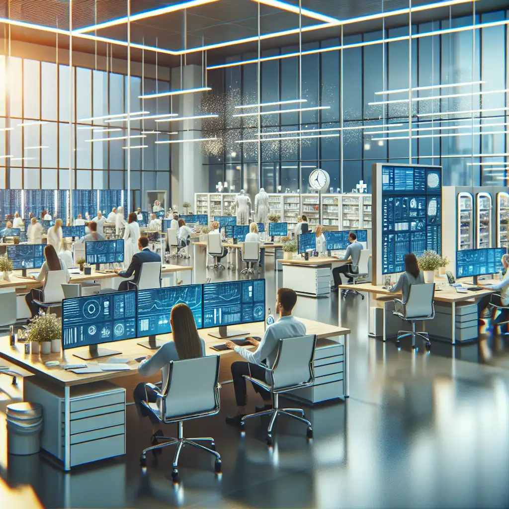 A modern healthcare office environment featuring professionals collaborating around a conference table, with computer screens displaying data and documentation being processed, all in a vibrant and organized workspace.