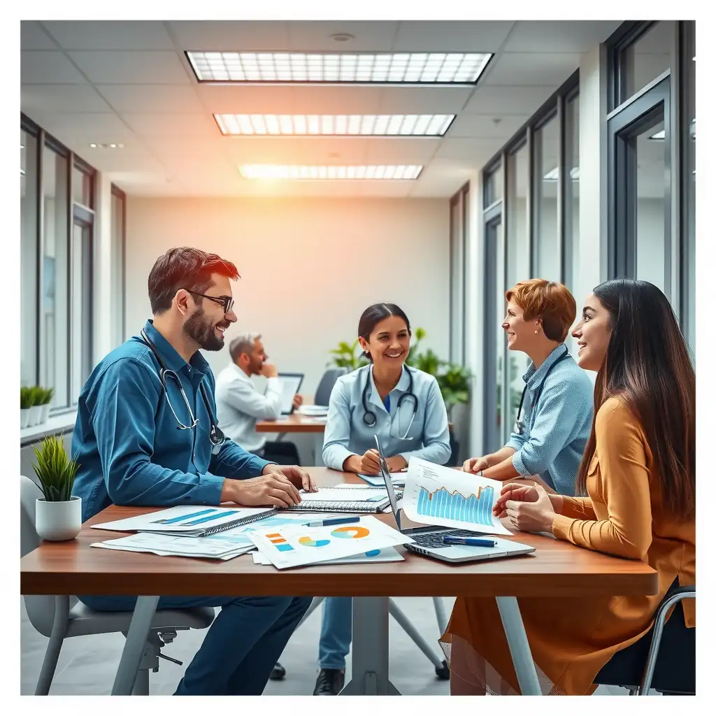 A modern healthcare office featuring staff discussing medical billing documents and financial graphs, conveying professionalism and trust in healthcare financial management.