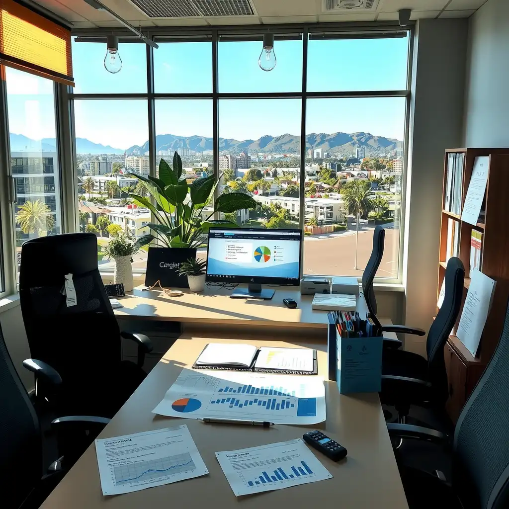 A modern office setting in California featuring professionals discussing healthcare finance, with laptops and compliance documents visible, showcasing a blend of innovation and professionalism.