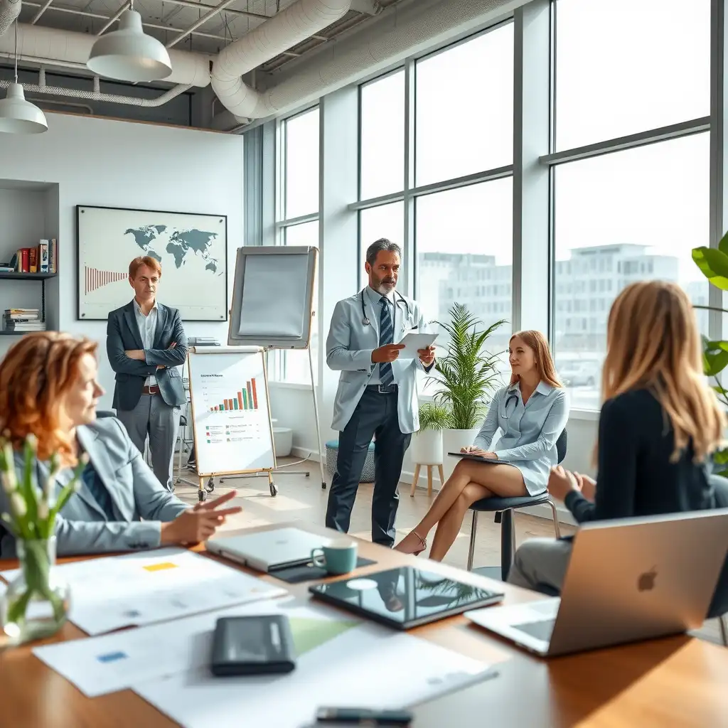 A modern office setting focused on healthcare factoring, featuring organized paperwork, charts, and professionals collaborating, conveying trust and efficiency in financial solutions.