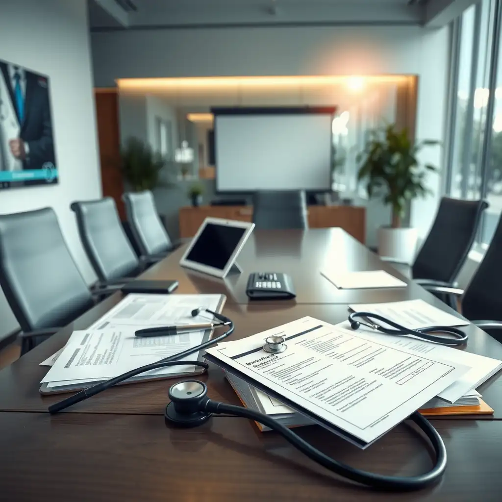 A well-lit conference room featuring a sleek table with organized healthcare factoring documents, modern technology, and subtle medical elements like stethoscopes and charts, in calming blue and green tones.