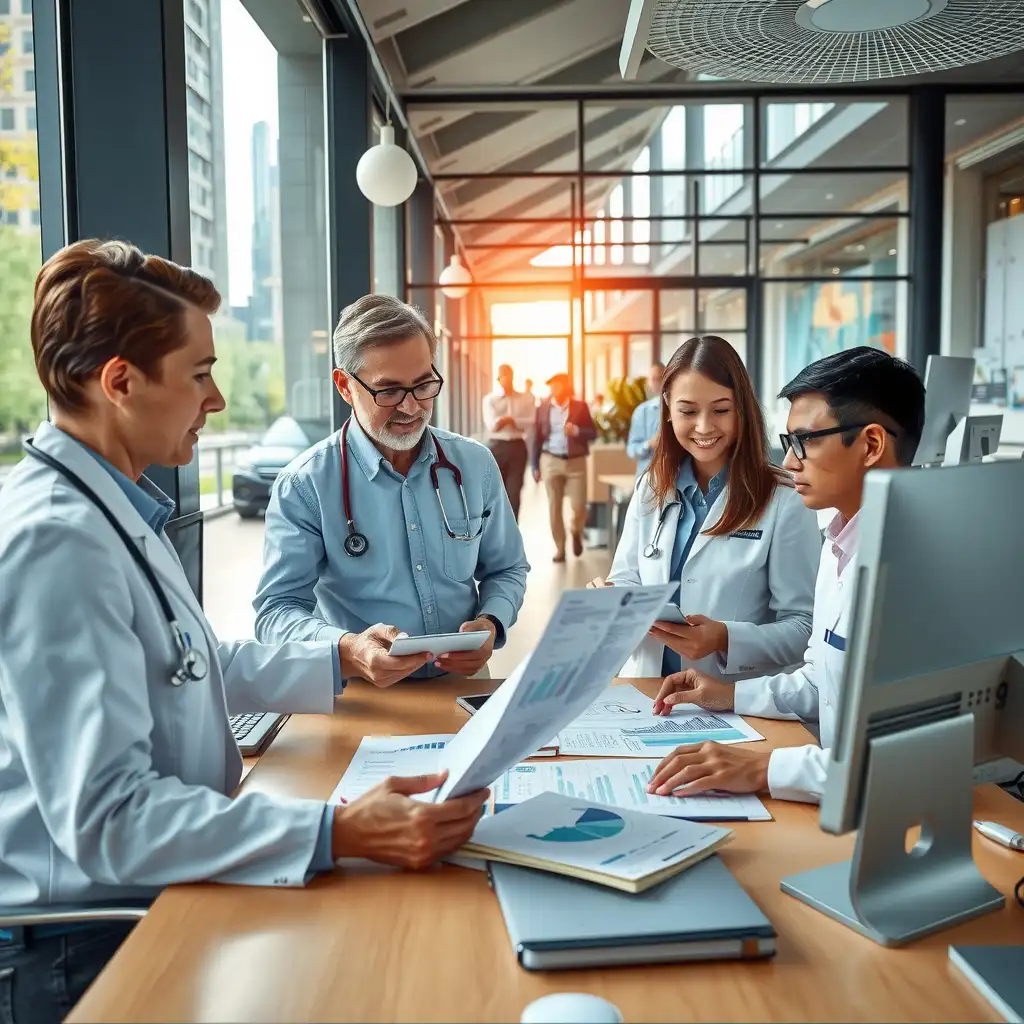 A modern office scene depicting healthcare professionals engaged in discussions over documents and advanced technology, reflecting financial professionalism and innovation in the healthcare industry.