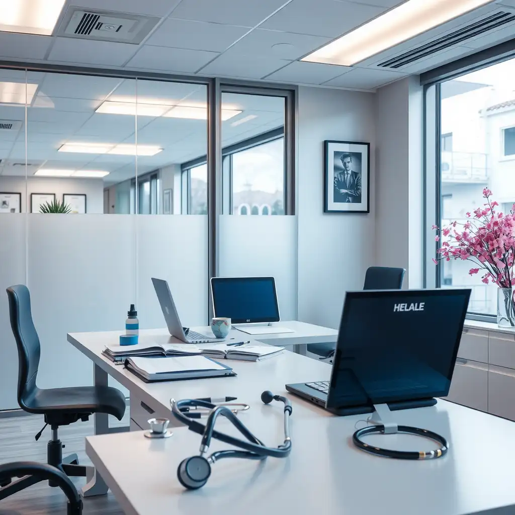 A modern healthcare office featuring a sleek desk with financial reports and digital devices, alongside elements of patient care like charts and stethoscopes, conveying professionalism and trust in the industry.