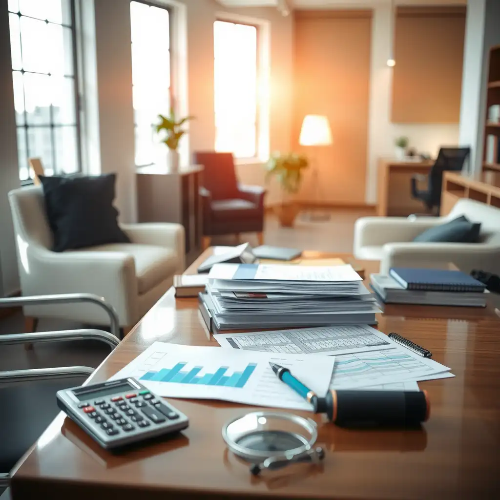 Professional healthcare office environment featuring organized paperwork, calculators, and financial charts, conveying efficiency and expertise in healthcare factoring.