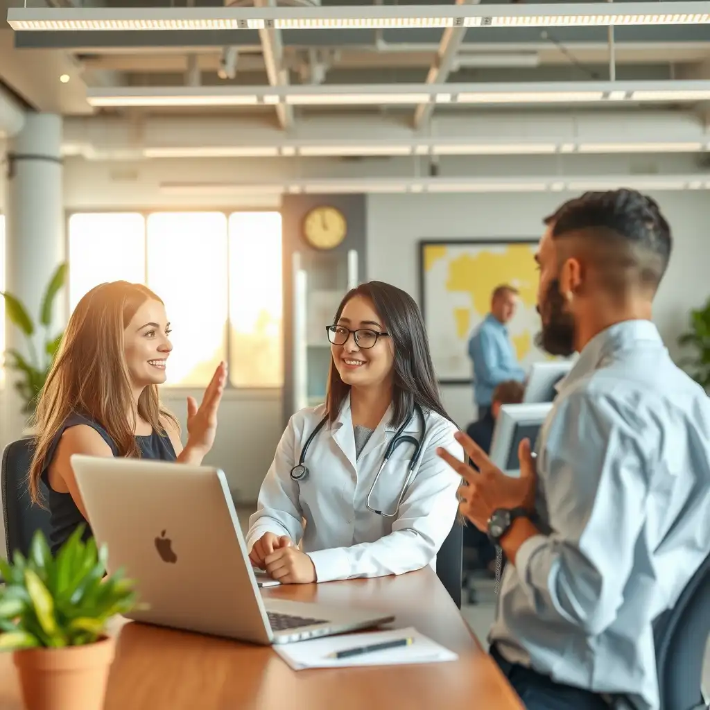 A modern healthcare customer service office with representatives assisting clients in a bright and inviting environment, showcasing professionalism and trust.