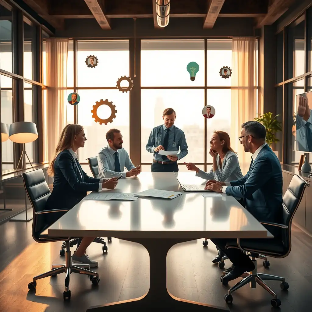 A modern office scene featuring professionals engaged in discussion around a conference table, with documents and visual elements like charts and healthcare icons symbolizing financial growth and collaboration in the healthcare finance sector.