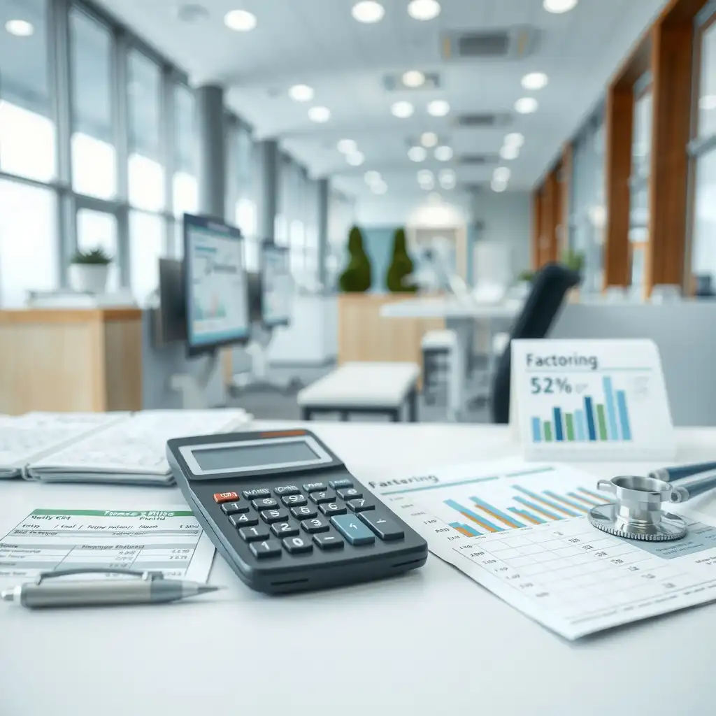 A modern healthcare office setting featuring medical billing documents, calculators, and charts, illustrating the concept of healthcare factoring fees and rates with a professional color palette.