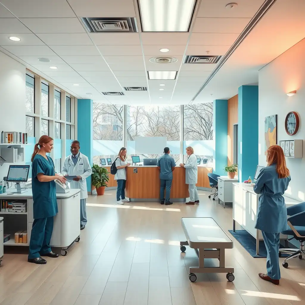 A bustling modern healthcare clinic with professionals interacting with patients, advanced medical equipment, and an atmosphere of care and efficiency.