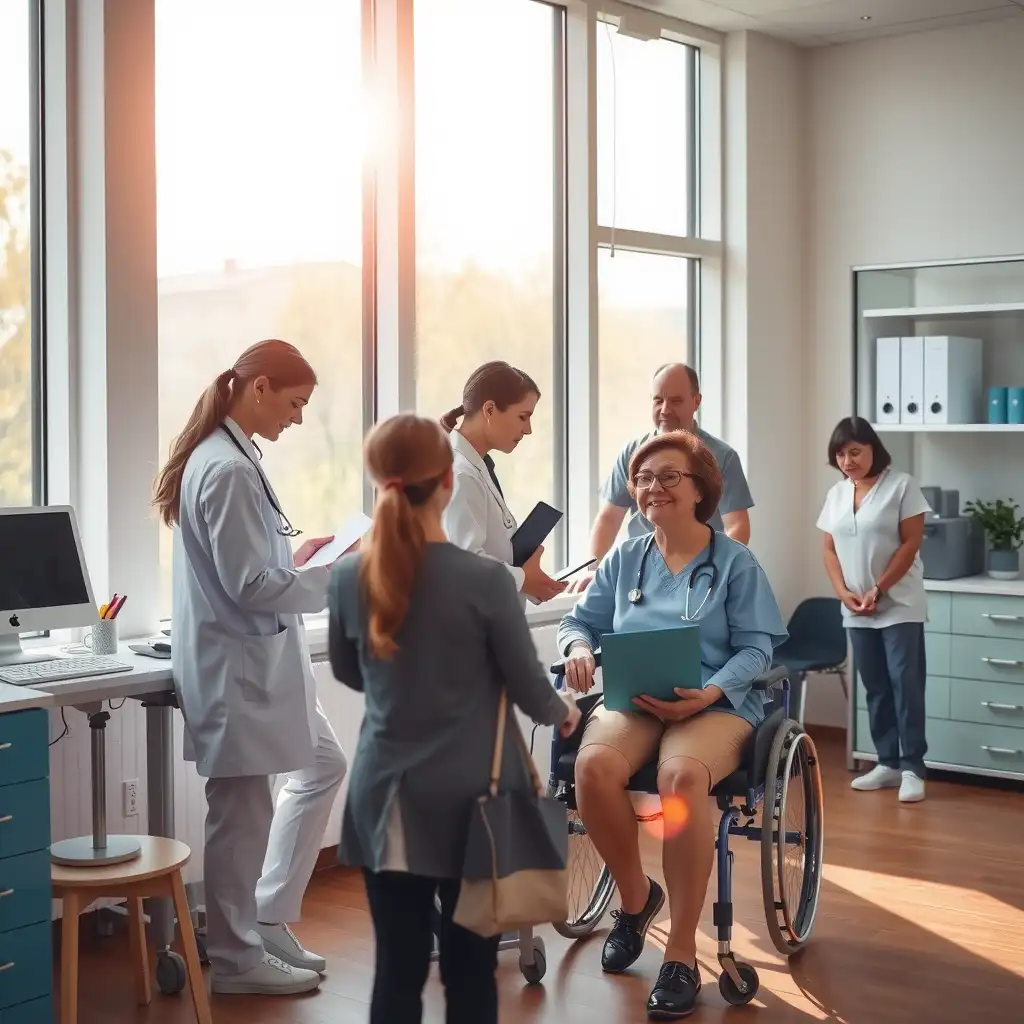 A modern healthcare office showcasing home health care services, featuring professionals interacting with patients and advanced medical equipment in a welcoming environment.