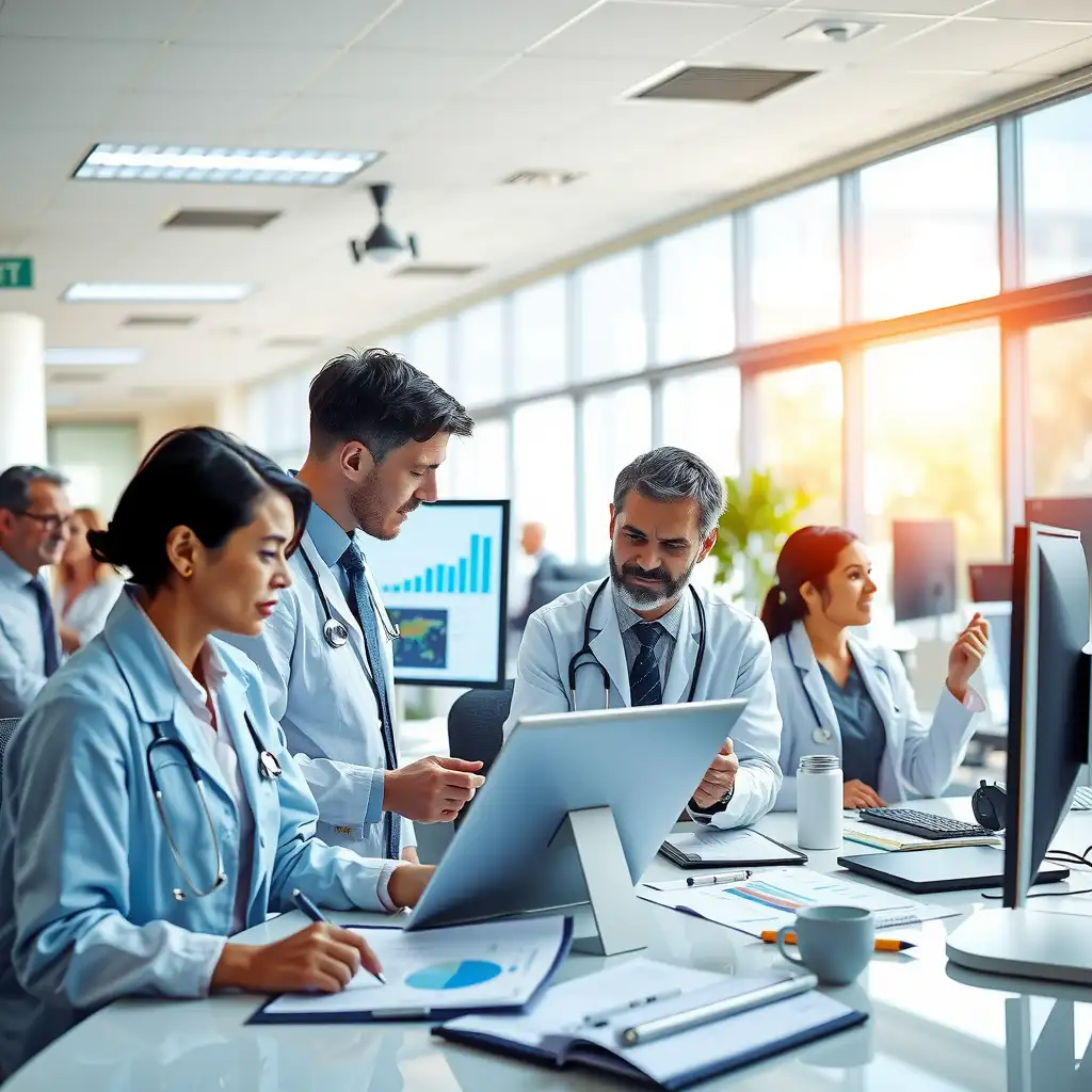 A modern hospital financial office with healthcare professionals discussing financial documents, featuring charts and graphs on screens, conveying a sense of professionalism and collaboration.