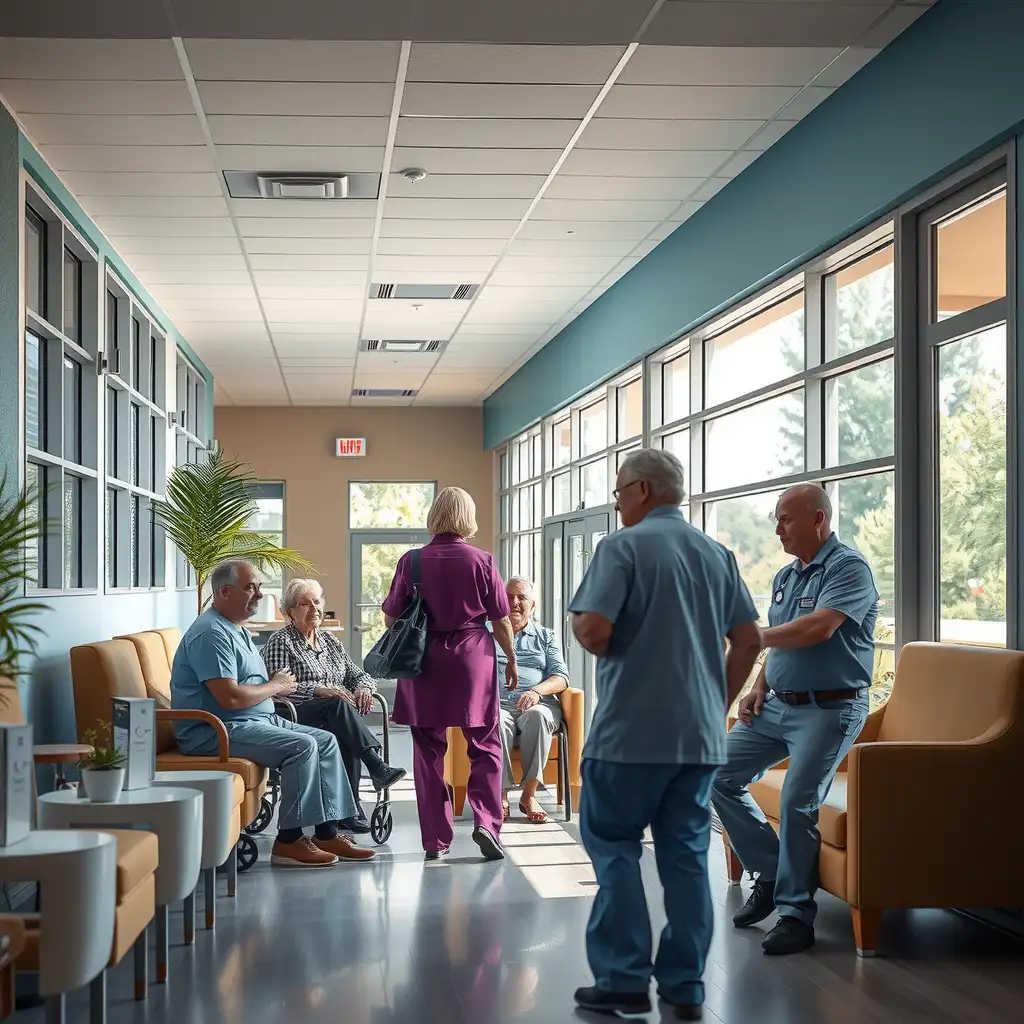 A professional healthcare facility focusing on long-term care, featuring attentive staff interacting with residents in comfortable living spaces, showcasing a warm and inviting community atmosphere.