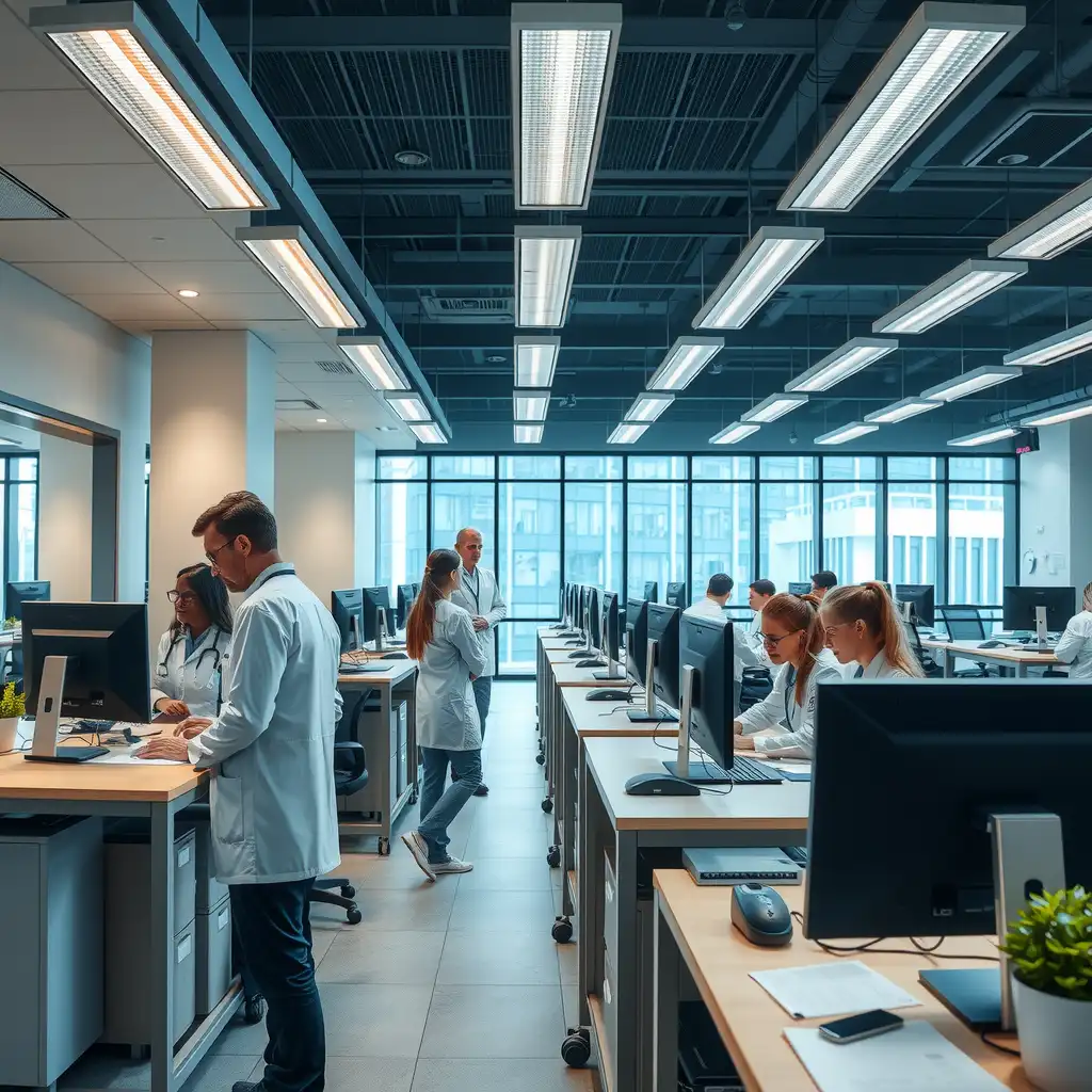 A modern medical billing office with staff engaged at computers, showcasing advanced technology and a professional atmosphere that highlights efficiency and financial stability in healthcare.