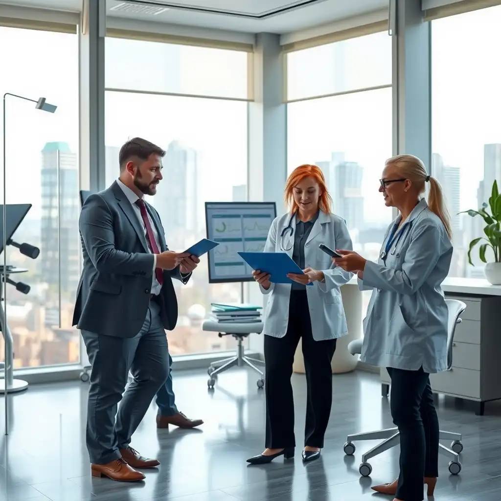 Modern medical consulting office with sleek furniture, technology, and healthcare professionals collaborating on financial strategies.