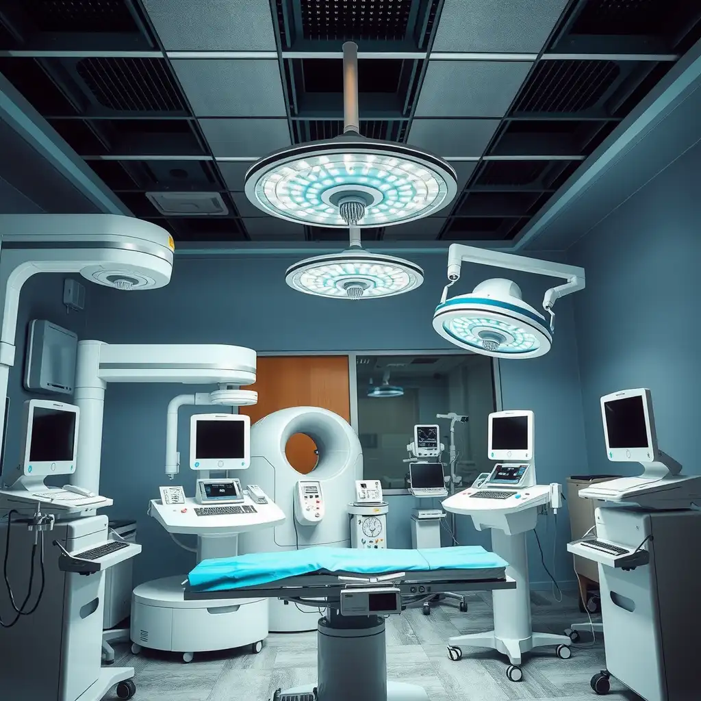 A modern healthcare facility showcasing advanced medical equipment, including diagnostic machines and surgical tools, in a well-lit environment that emphasizes innovation and professionalism.