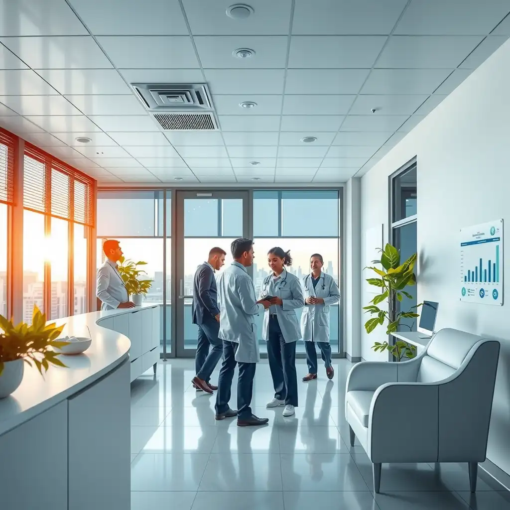 A modern medical office scene featuring healthcare professionals discussing financial documents and charts, symbolizing growth and stability in healthcare finance. The environment is bright and welcoming, conveying professionalism and care.