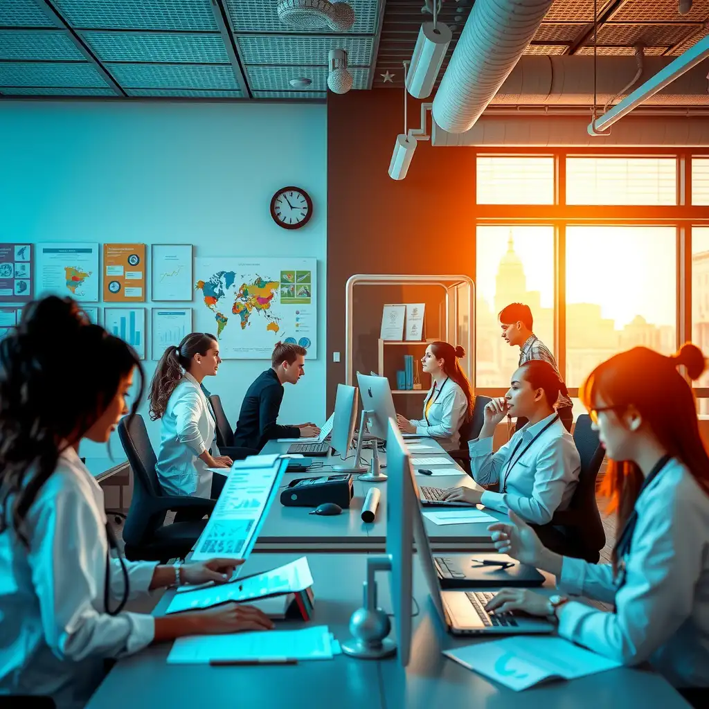 A modern medical staffing agency office with engaged staff collaborating over charts and computers, surrounded by healthcare elements like medical charts and stethoscopes, conveying a professional and innovative atmosphere.