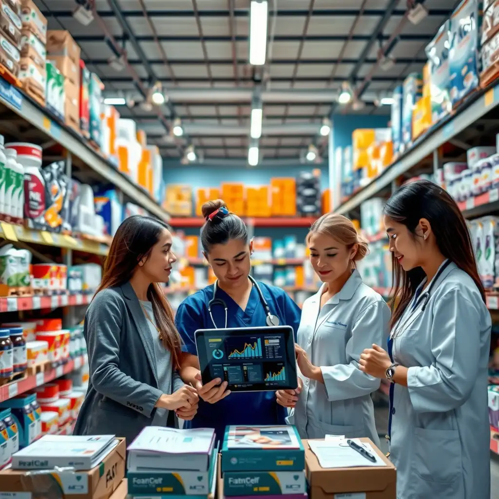 A modern medical supply warehouse with organized shelves of healthcare products, featuring diverse healthcare professionals discussing financial data on a digital tablet. The scene emphasizes collaboration and efficiency in the healthcare industry.