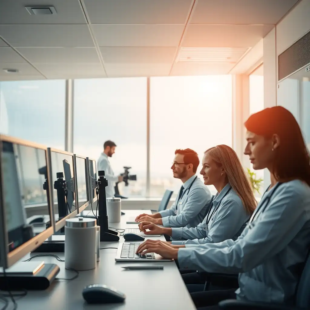 A modern medical office environment with healthcare professionals collaborating at organized workspaces, featuring advanced technology and a bright, professional atmosphere.