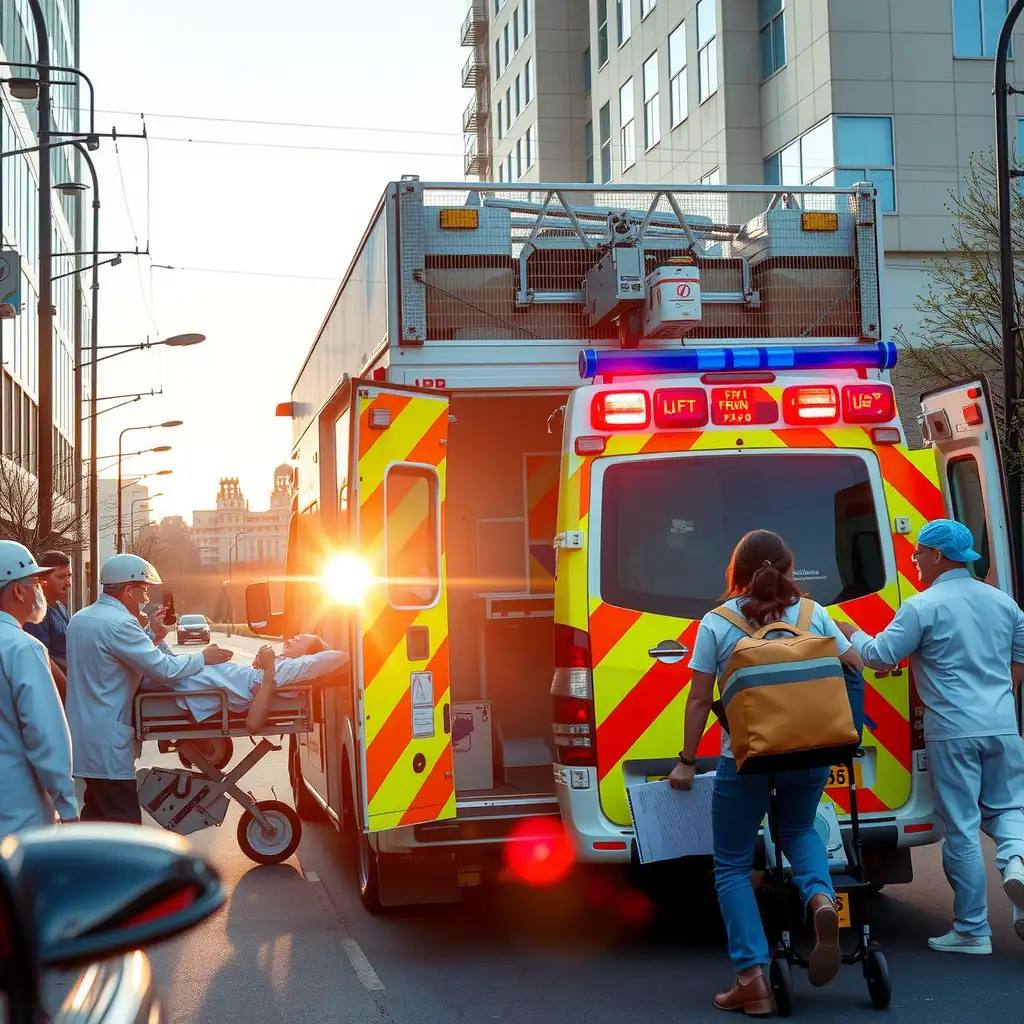 A busy healthcare transportation scene featuring a medical vehicle in action, surrounded by professionals assisting patients and using medical equipment, conveying urgency and compassion.