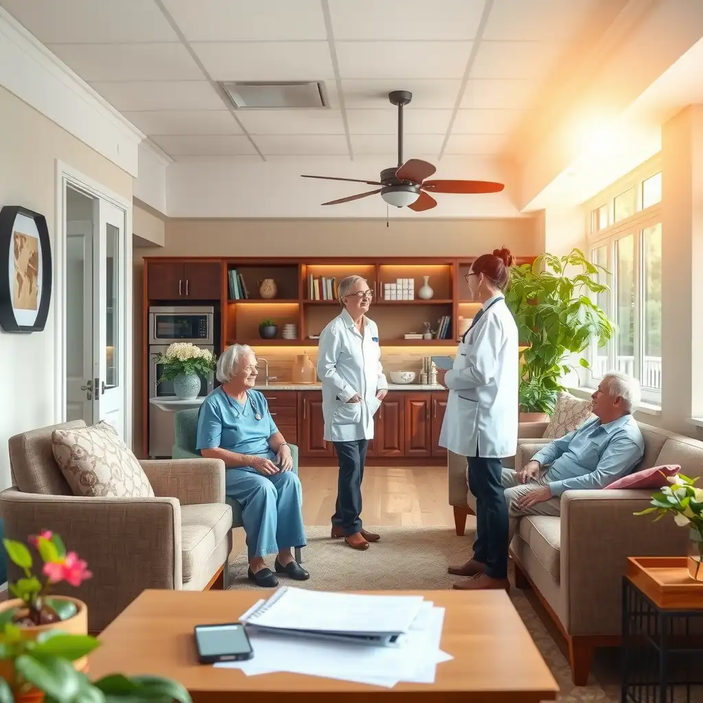 A welcoming nursing home scene featuring caring staff interacting with residents, comfortable living spaces, and subtle financial documents, conveying trust and support in healthcare factoring. Warm color palette emphasizing professionalism and compassion.