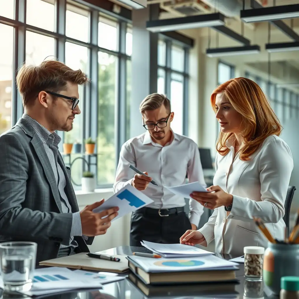 A modern office scene with professionals discussing personal injury claims, surrounded by charts, graphs, and medical bills, conveying a sense of clarity and financial complexity in healthcare.