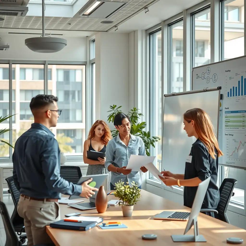 A vibrant modern office scene with diverse entrepreneurs engaged in discussions about healthcare factoring, surrounded by digital devices, financial graphs, and a whiteboard filled with ideas.