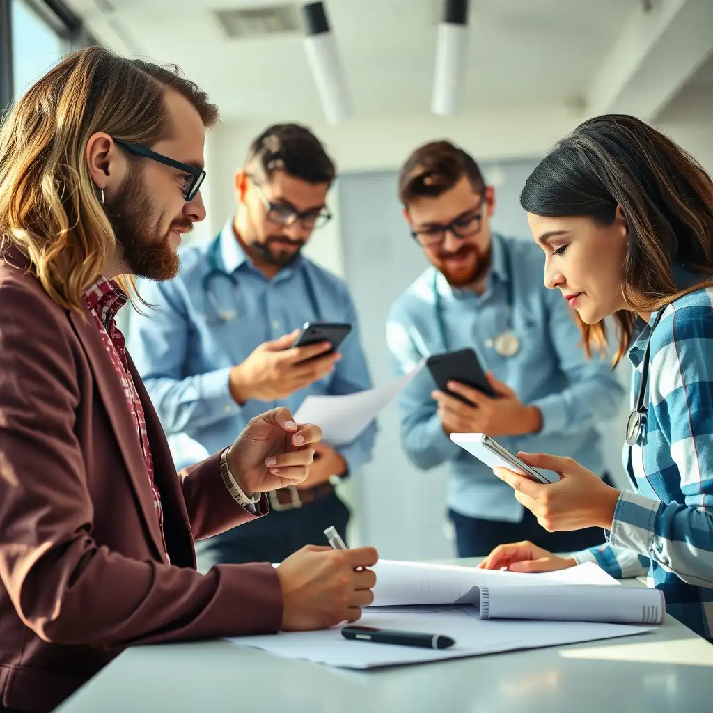 A dynamic office scene featuring small business owners collaborating over documents and digital devices, illustrating the concept of healthcare factoring and its role in financial empowerment and growth opportunities.