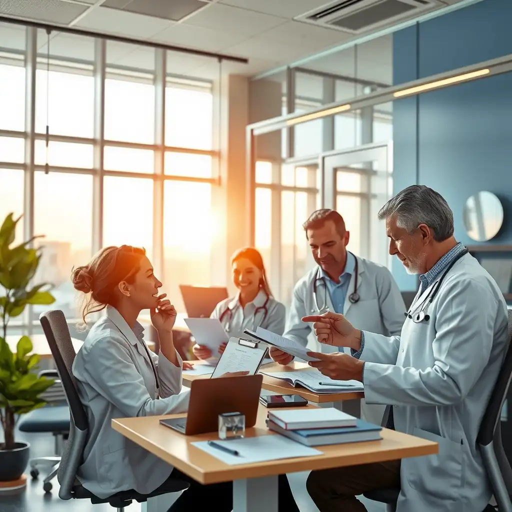 A modern healthcare financing office with professionals collaborating over financial documents, featuring digital devices displaying real-time data and elements symbolizing speed and efficiency.