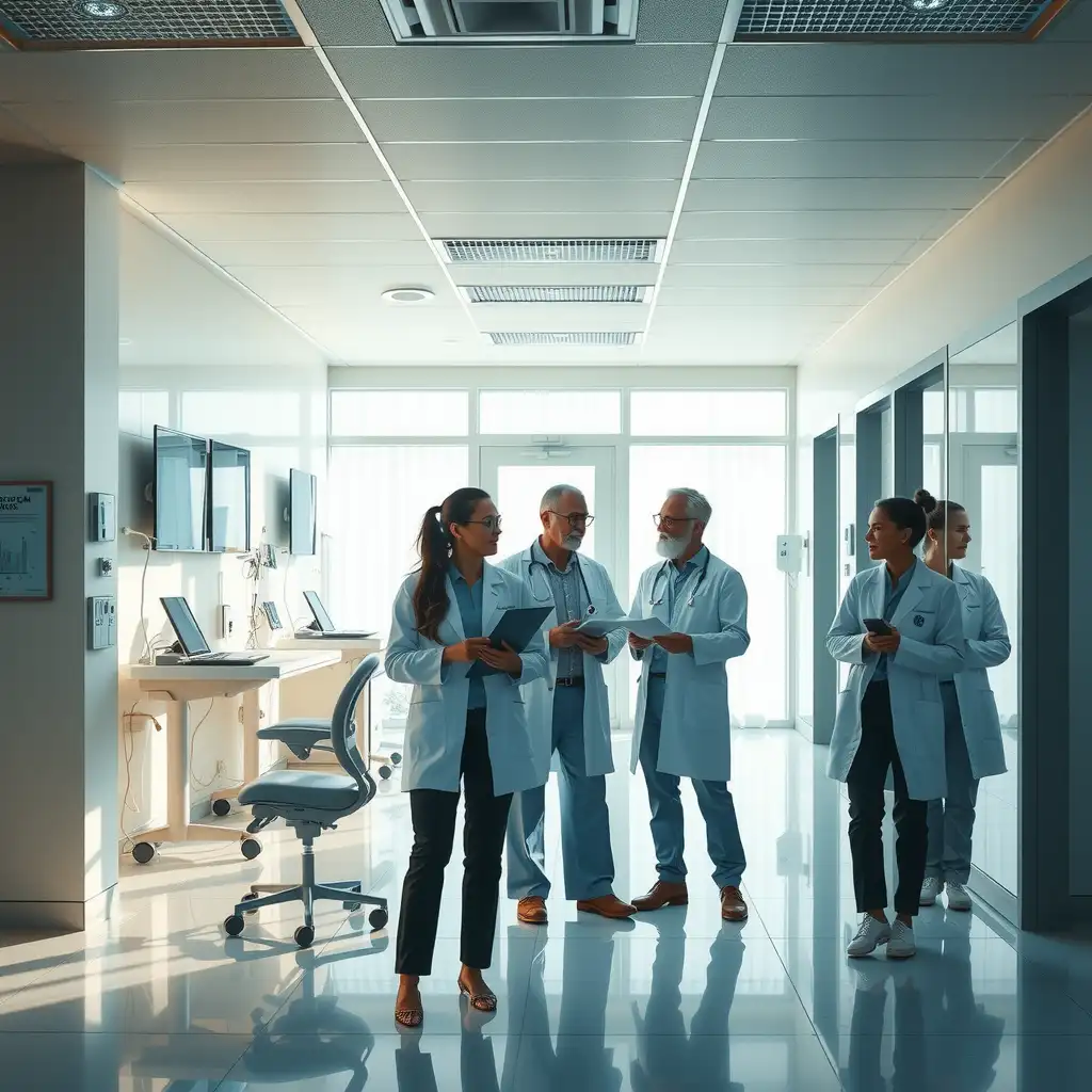 A busy modern healthcare facility with professionals interacting with patients, featuring charts and graphs illustrating financial growth and stability. The scene conveys innovation and trust in the healthcare landscape.