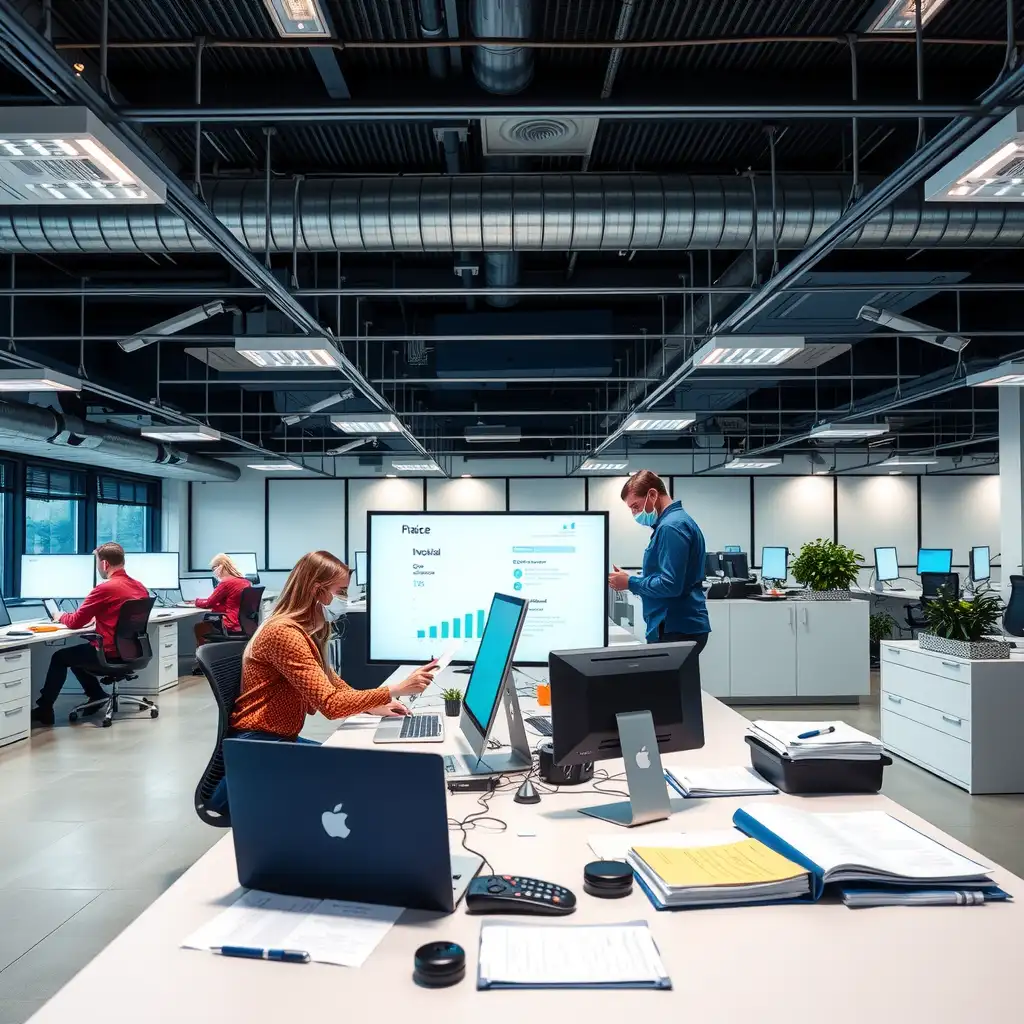 A modern healthcare office workspace featuring advanced technology, organized paperwork, and team members collaborating on invoice processing.