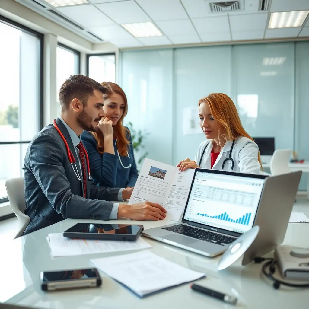 A modern healthcare office featuring neatly arranged medical invoices, a laptop displaying financial graphs, and healthcare professionals in discussion, all showcasing professionalism and efficiency in healthcare finance.