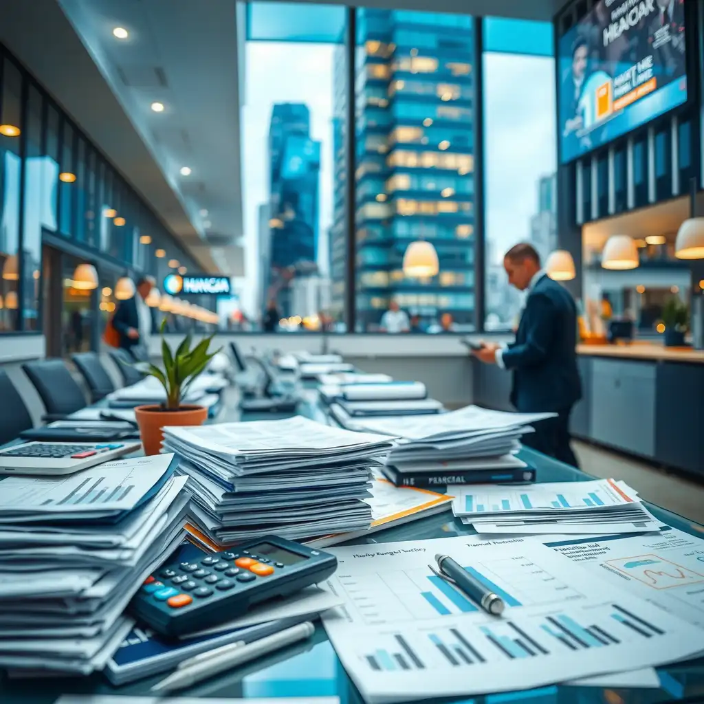 A modern healthcare financial office featuring organized stacks of medical bills, calculators, and charts, conveying a sense of efficiency and professionalism in managing healthcare finances.