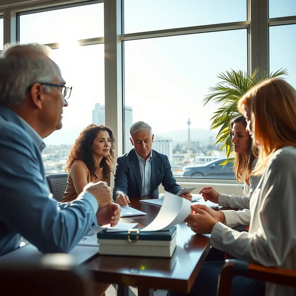 A modern office scene in California featuring diverse professionals discussing financial documents and charts, with large windows showcasing the local landscape.