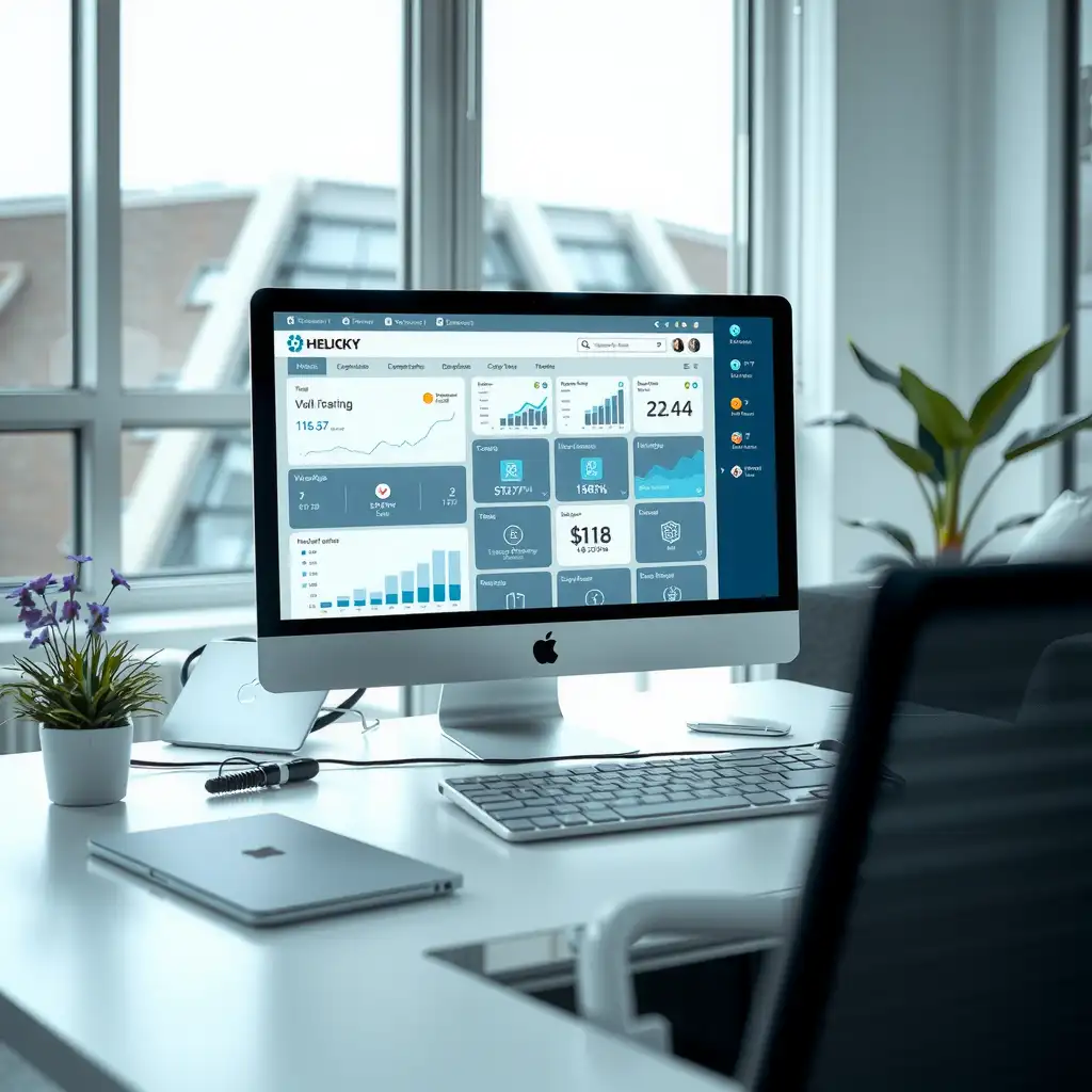 A modern digital dashboard for healthcare factoring services displayed on a sleek computer screen in a bright workspace, showcasing real-time data analytics and user notifications.